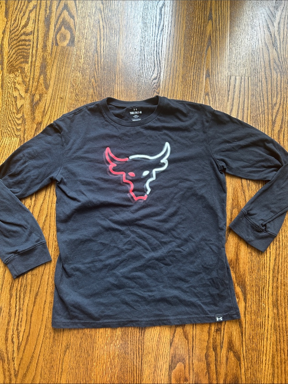 Kids Under Armour Black Long Sleeve Shirt with Red and White Bull Logo
